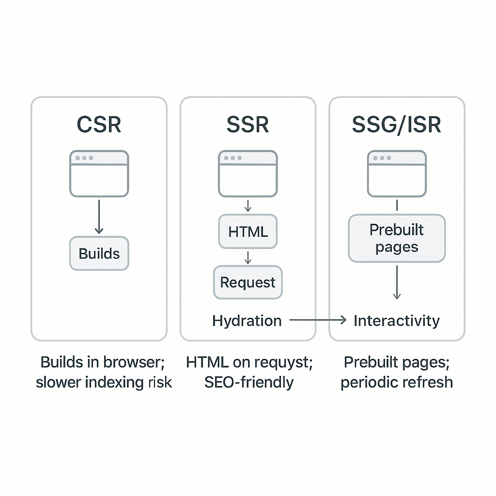 Learn how SSR, SSG, CSR and hydration affect indexing