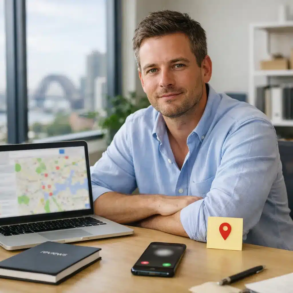 Marketer in a Sydney office reviewing blurred local map results on a laptop.