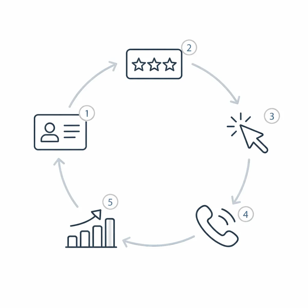 Circular infographic showing profile, reviews, clicks, calls, and revenue in a loop.