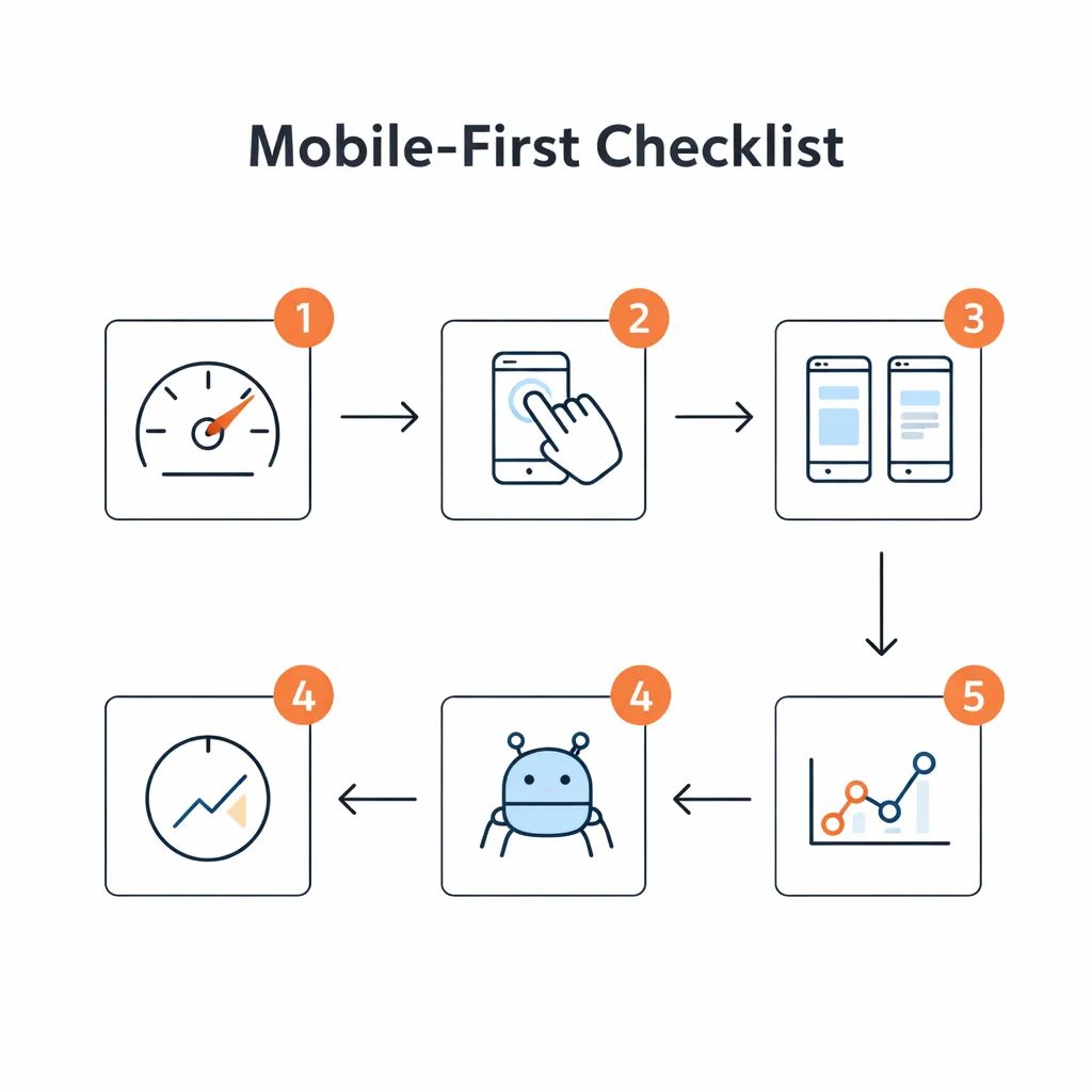 Infographic flow showing speed, usability, parity, crawl access, and measurement for mobile SEO.