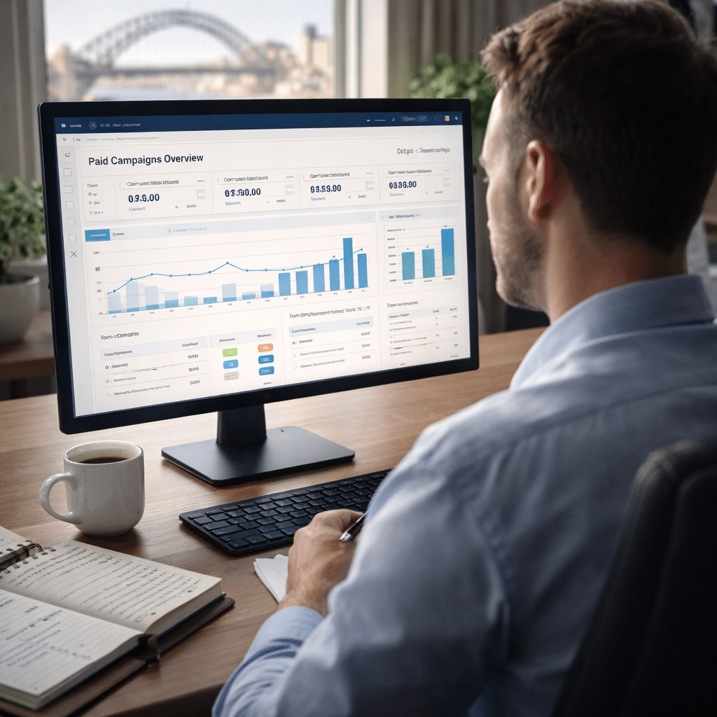 Photorealistic Sydney PPC strategy workspace with campaign-performance cues in a polished office environment.