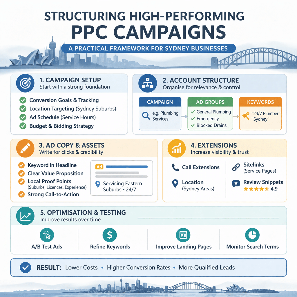 Square infographic outlining the key elements of a cleaner PPC structure for Sydney lead generation.