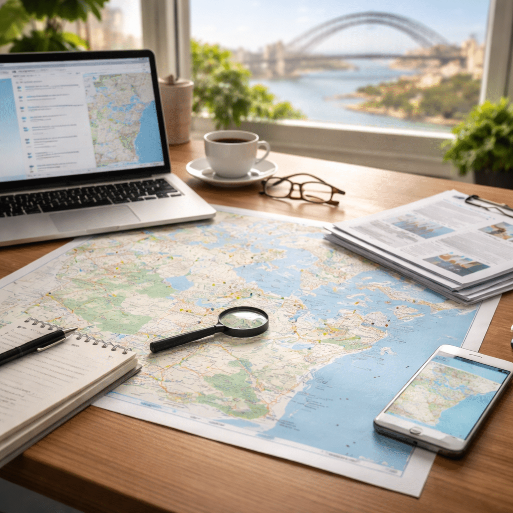 Photorealistic local SEO planning setup featuring Sydney suburb mapping and practical service-area materials.