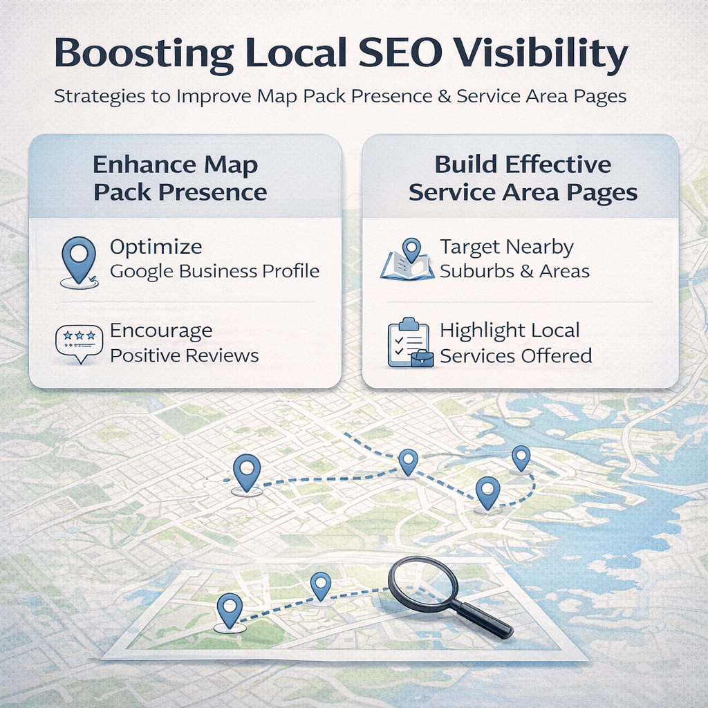 Square infographic summarising the key parts of a Sydney local SEO system for service businesses.