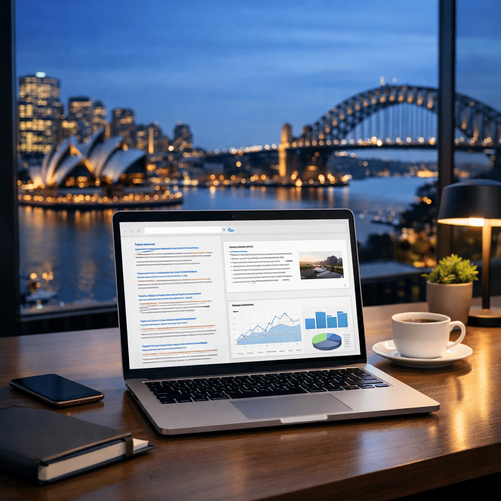 Photorealistic Sydney office scene with laptop, analytics cues and skyline backdrop, styled for a premium SEO strategy article.