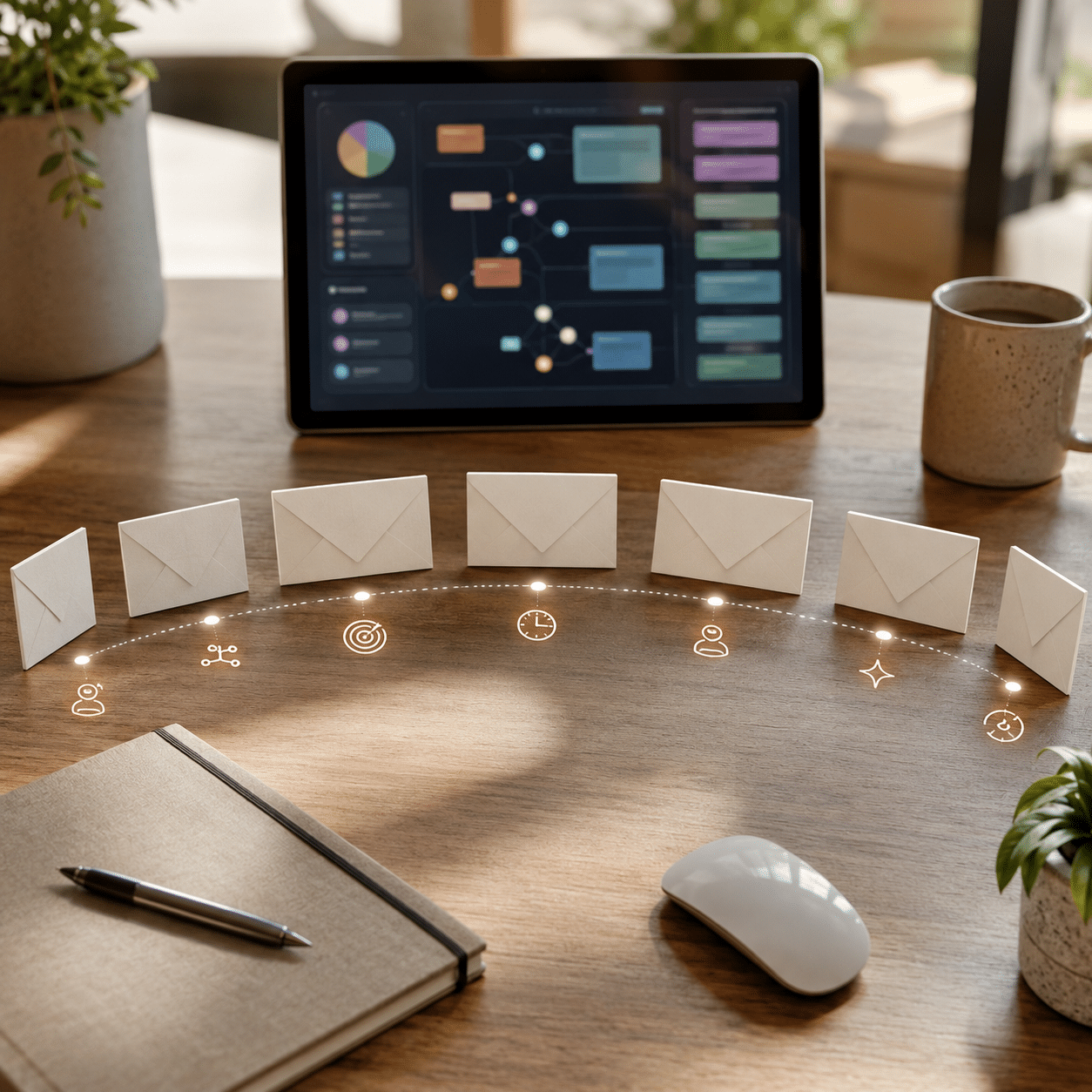 Email automation workflow with seven lead nurturing cards arranged on a modern Sydney marketing workspace.