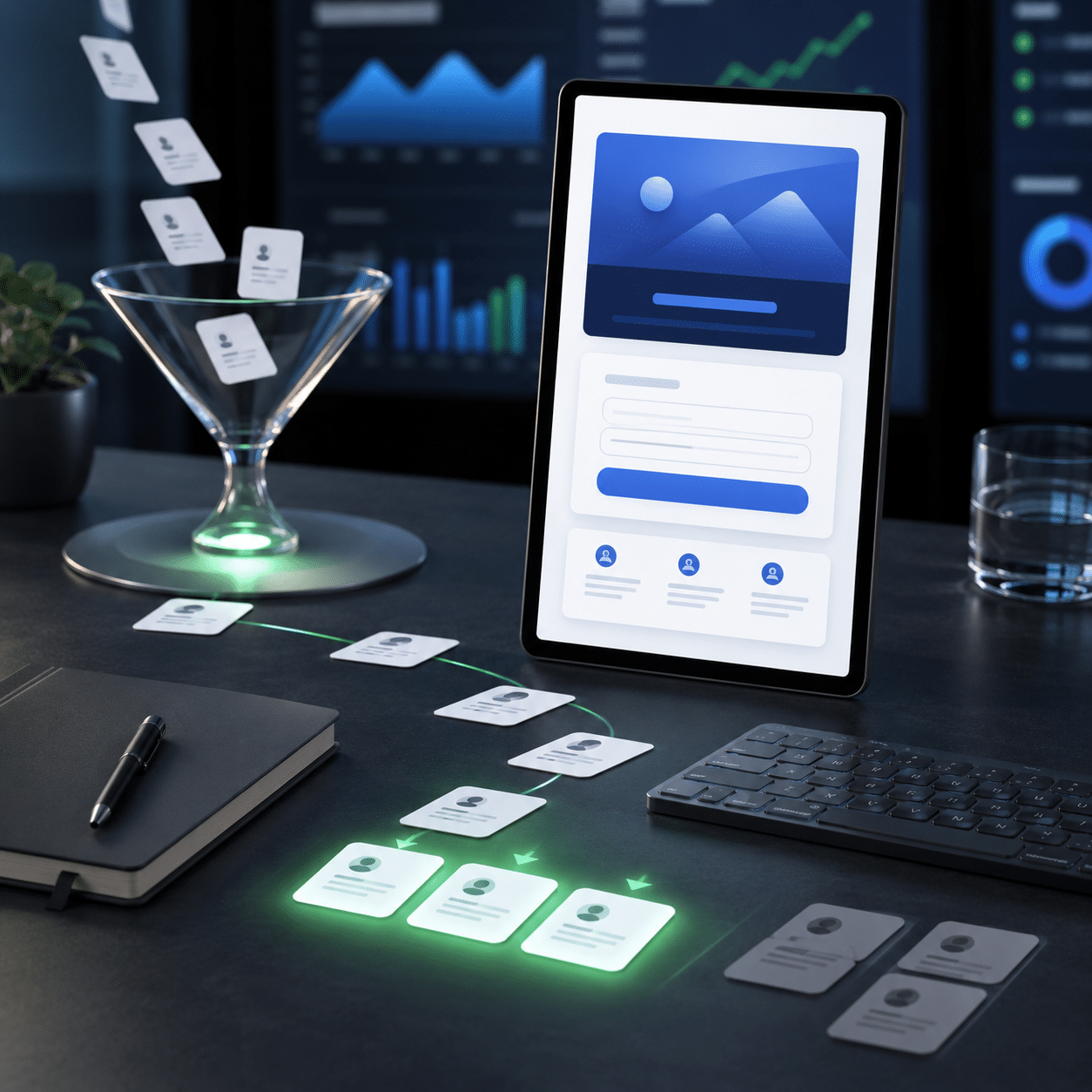 PPC landing page optimisation scene with ad cards, a lead quality funnel and conversion tracking visuals.