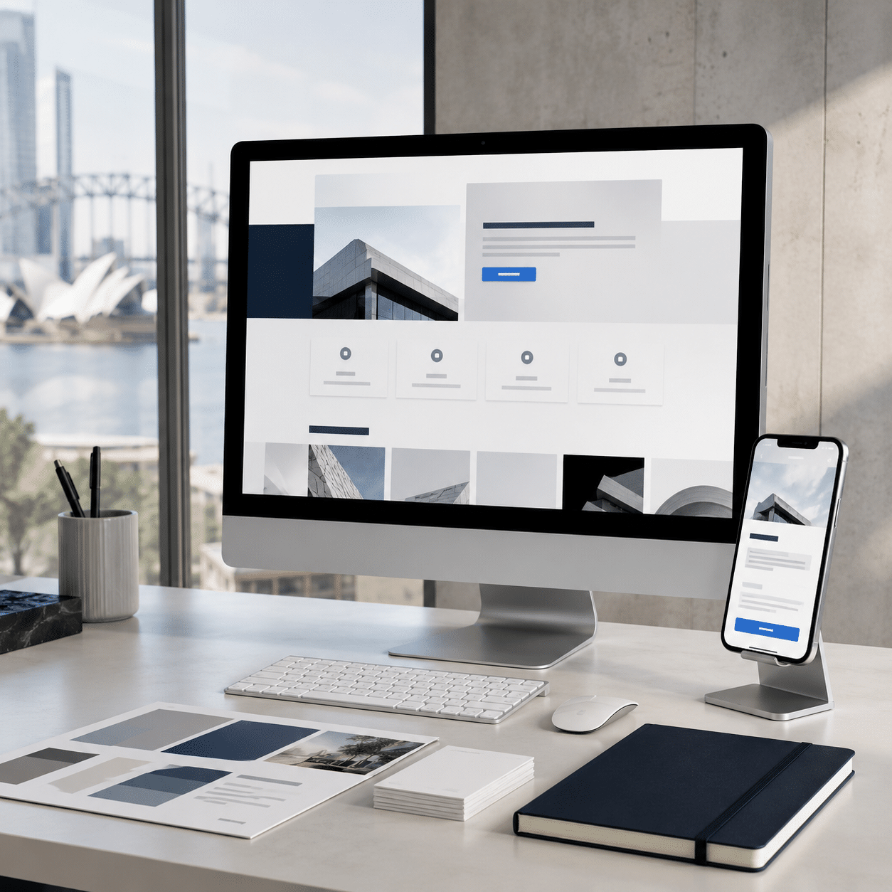 Premium Sydney web design studio with desktop and mobile website mock-ups for a service business.